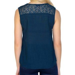Meaeor Dark Blue Lace Ruched Cowl Neck Tank Top Sleeveless Stretch Blouse Size L